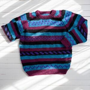 vtg blue purple‎ black striped hand knit heavy wool sweater size L